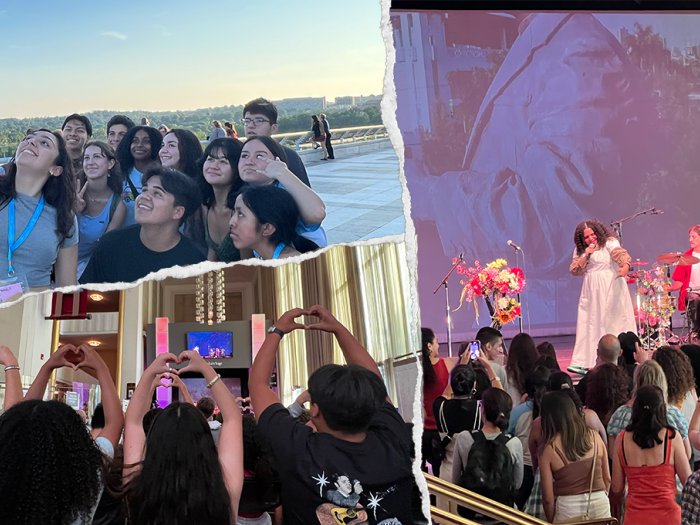 Left, upper: students taking a selfie; left, down: students making heart signs with their hands; right: singer on a stage