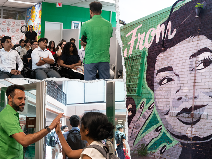 Top, left: group of students; bottom, left: man giving high five to student; right: mural of a woman