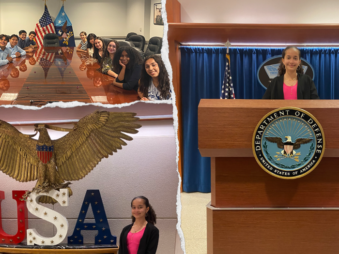 Top, left: students sitting down on a conference table; bottom, left: student standing next to eagle with USA sign; right: student behind a podium