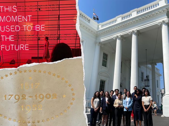 Top, left: Sign that reads "This moment used to be the future"; bottom, left: dates on the ground; right: students in from the White House