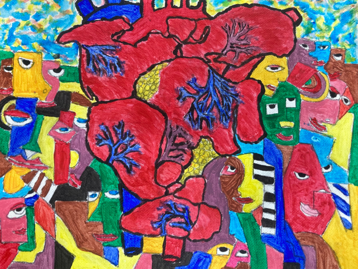 Red and Blue Colorful Painting of Heart-Shaped Pangea with Faces Surrounding Continent