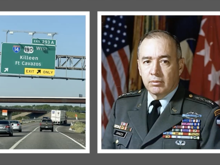 left: exit sign; center: headshot of General Richard Cisneros; right: zoom photos of panelists