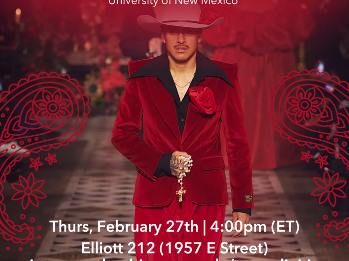 Flyer for event featuring runway model in red suit