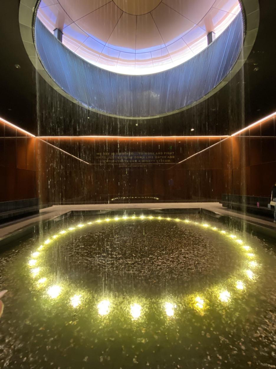 Water falling from ceiling at a museum