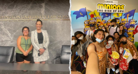 Aisha with Paulina Vera to the left and a group photo in front a Minions movie poster to the right