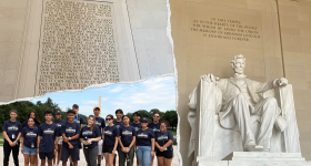 Two images of the Lincoln Memorial, one image a group in front of the Washington Monument