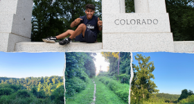 Collage of person in front of "Colorado" sign; and three images of trees and sky