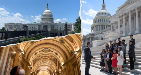 Top left: Capitol building; Bottom left: person looking at ceiling; Right: U.S. Senator Alex Padilla speaking with students
