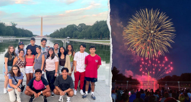 Caminos scholars in front of Lincoln Memorial and fireworks