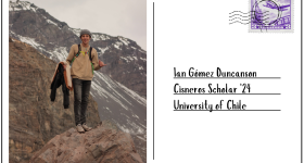 Postcard of Ian near a mountain and post stamp to the right "Ian Gomez Duncanson" "Cisneros Class '24" "University of Chile"