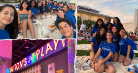 Left, upper: students taking a self; left, down: neon sign "Play"; right: group of students with building in background