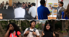 Top, left: students seating in a circle; top, right: student pointing to poster; bottom: three students walking and laughing
