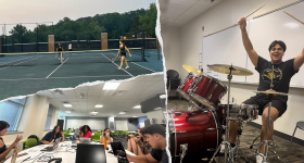 Top, left: students playing tennis; bottom, left: students at the library; right: student playing the drums