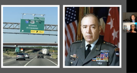 left: exit sign; center: headshot of General Richard Cisneros; right: zoom photos of panelists